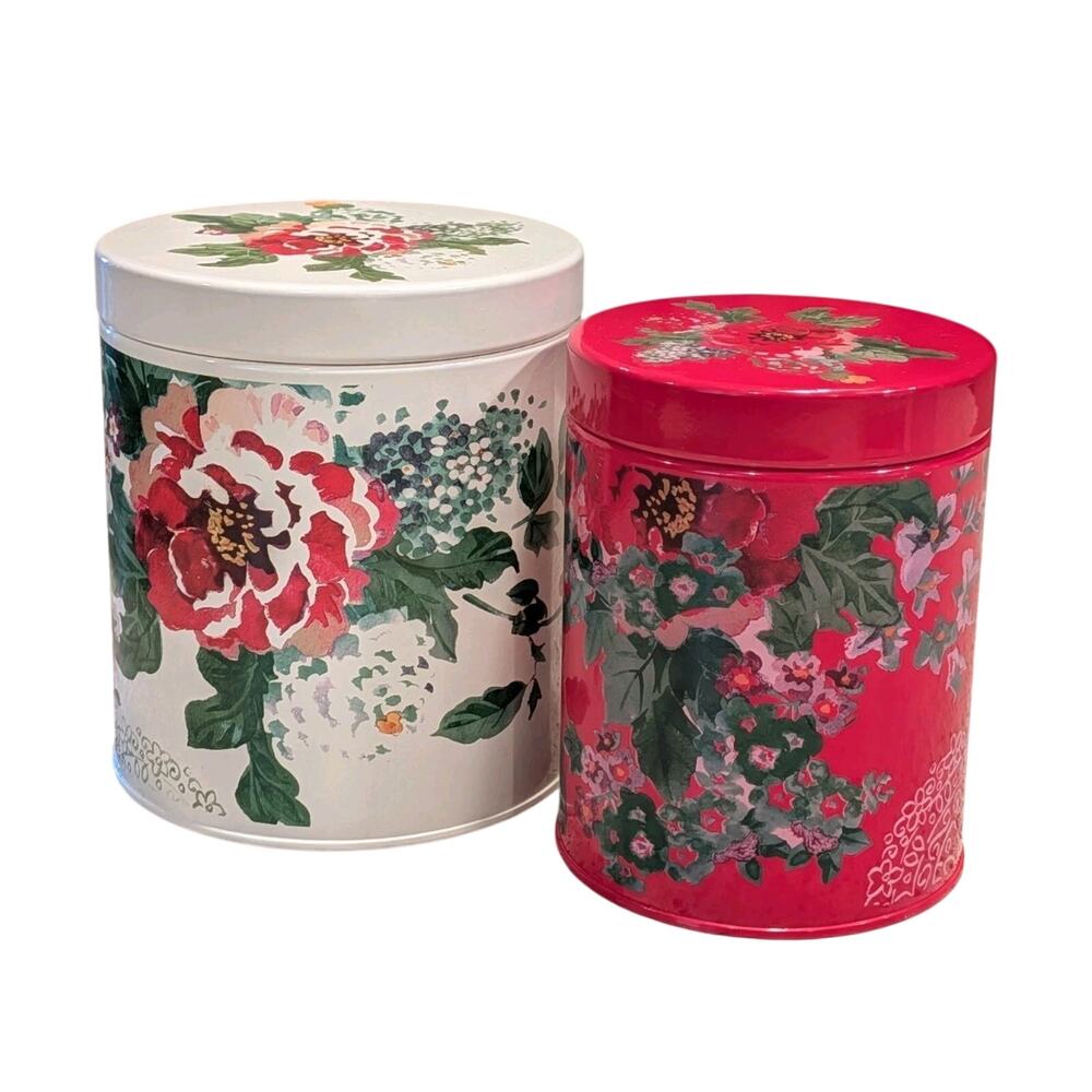 Pioneer Woman Metal Country Garden Floral Tin Canisters Set of 2 White and Red